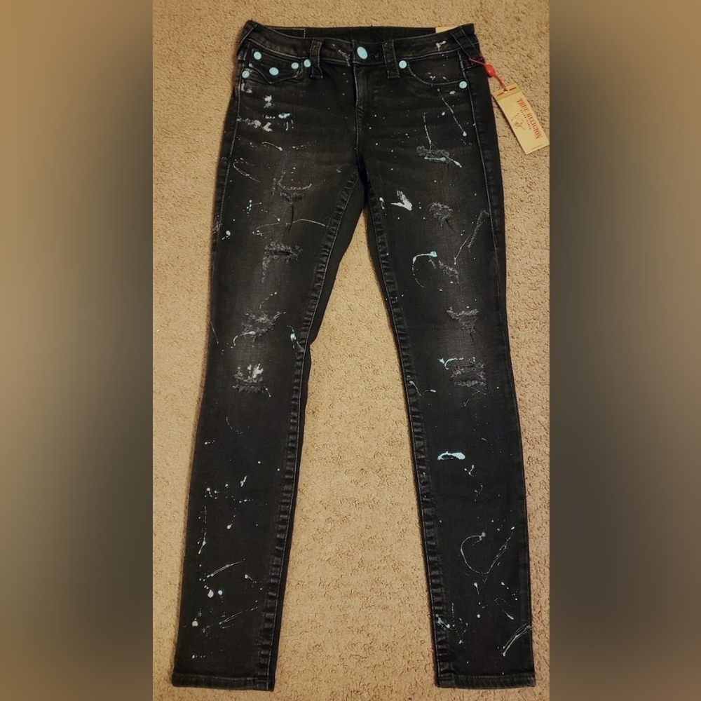 True Religion Black with Teal Splatter Super Skinny Distressed Jeans 29 - Picture 5 of 10